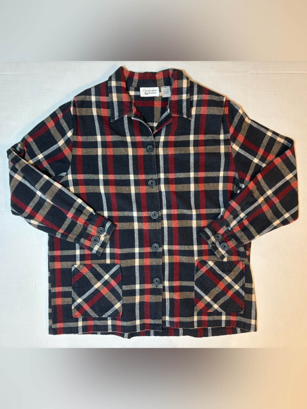 Christopher & Banks classic black red white plaid flannel cotton shirt jacket XL